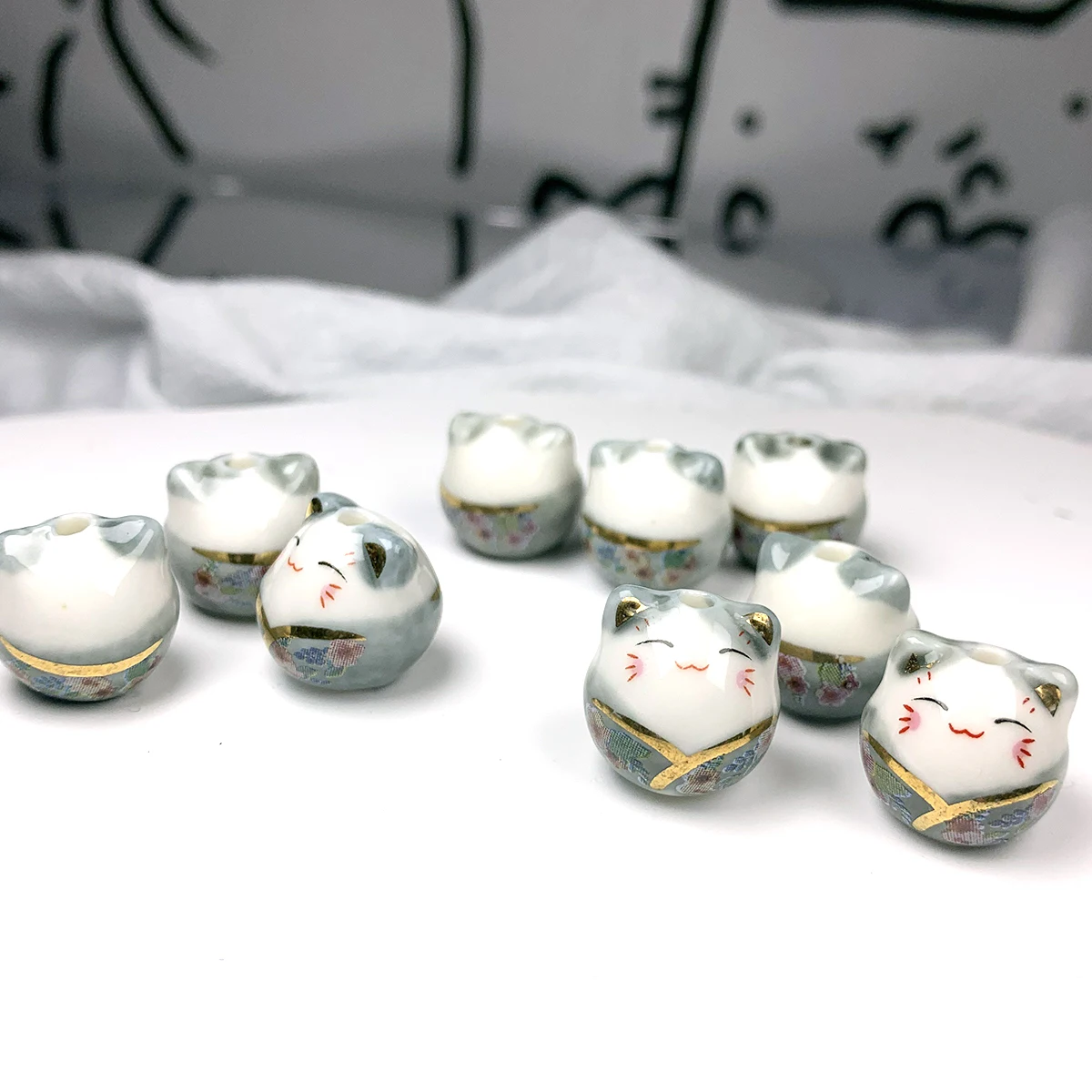 14x15mm Adorable Cat in Grey Floral Dress Ceramic Beads Set Porcelain Charms for DIY Jewelry Making Bracelet Earring Keychain