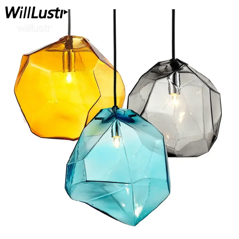 Color Ice Pendant Lamp Stone Glass Suspension Light Blue Yellow Purple Smoke Hotel Cafe Bar Kitchen Hanging Ceiling Chandelier