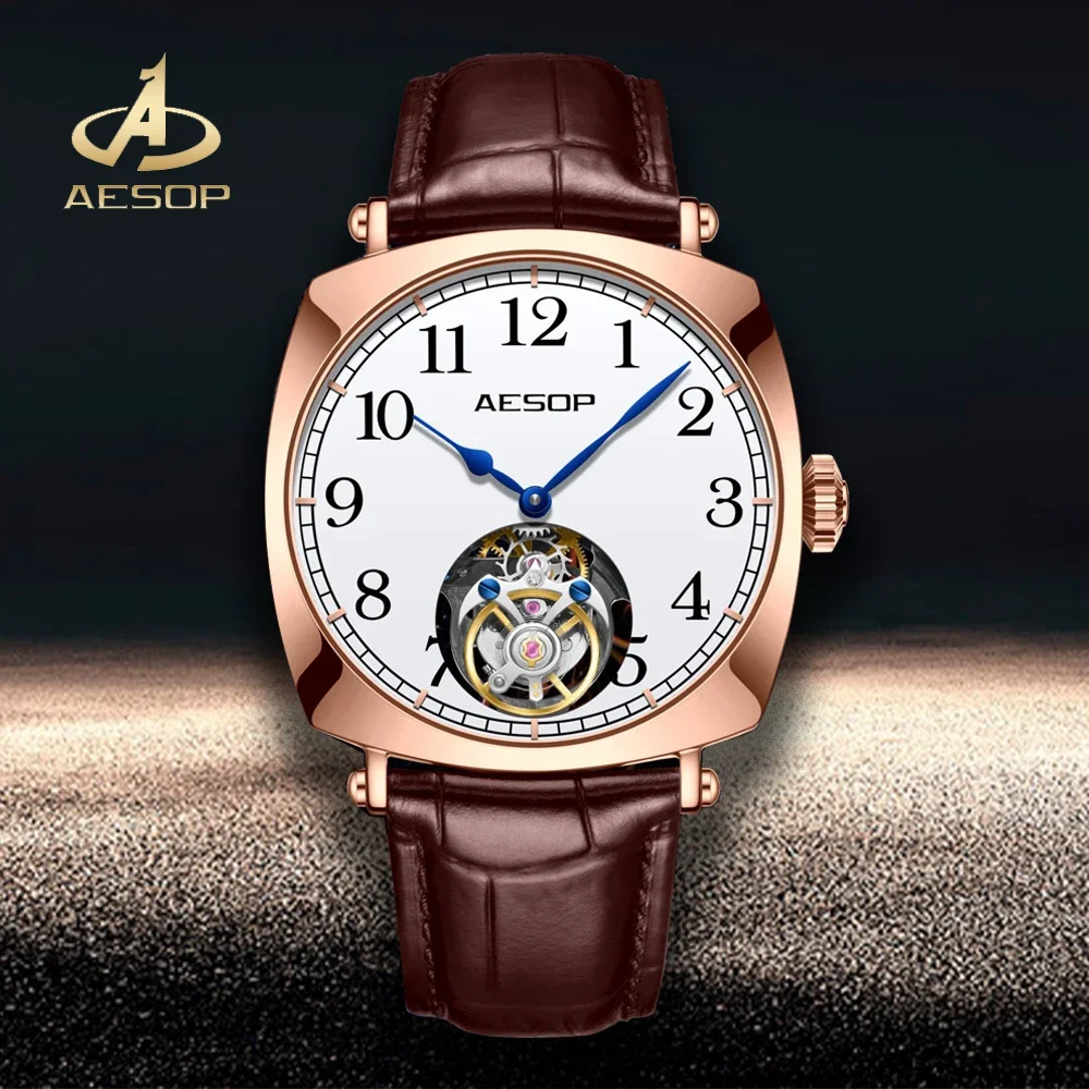 

AESOP Flying Tourbillon Mechanical Skeleton Movement Watch for Men Sapphire Luxury Business Simplicity Watches Mens Square 7068