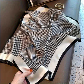 Simples houndstooth lenço quadrado elegante fino suave xale de seda feminino casual protetor solar cabeça envoltório
