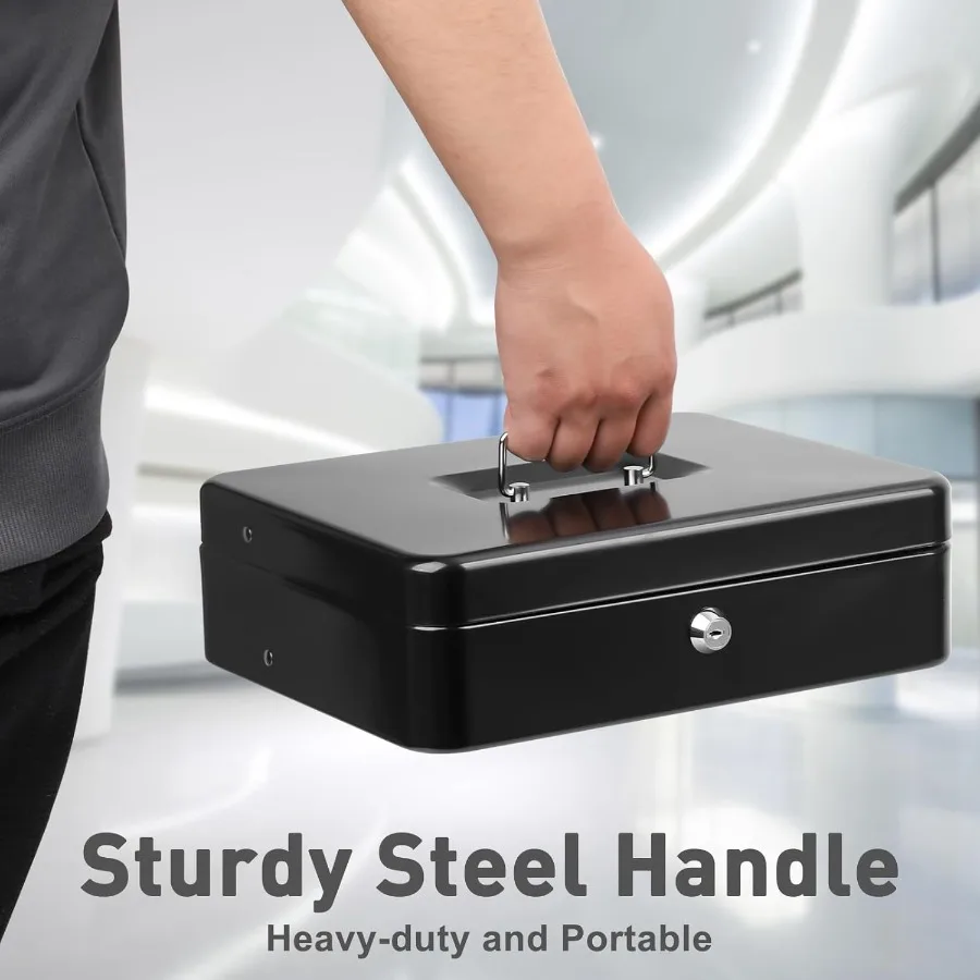 Large Capacity Locking Cash Box with Key and Cash Tray for Secure Money Storage Ideal for Home Office or Retail Environment 11.