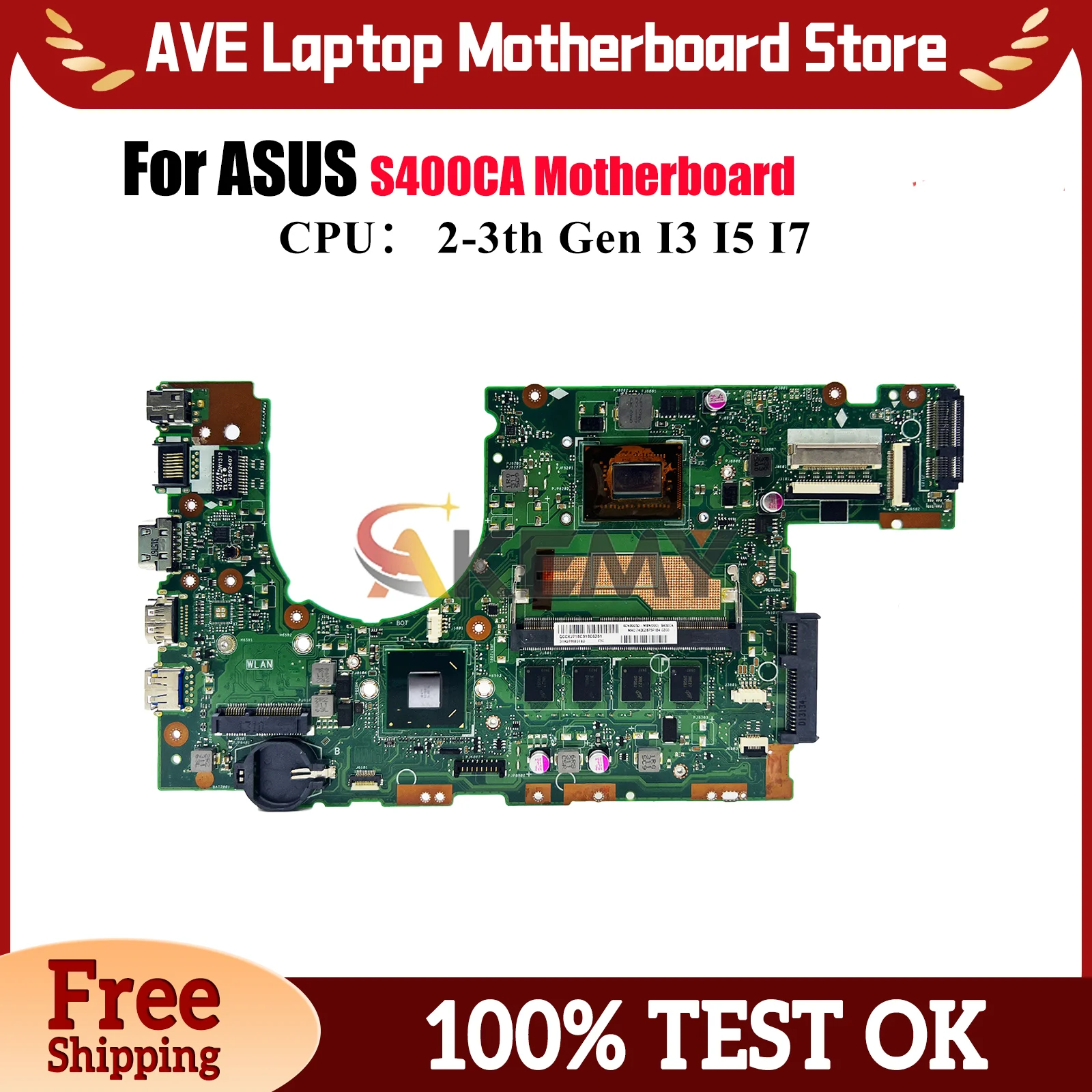 

S400CA Laptop Motherboard For ASUS VivoBook S400C S400CA Notebook Mainboard With I3 I5 I7 CPU 100% tests OK fast shipping stk