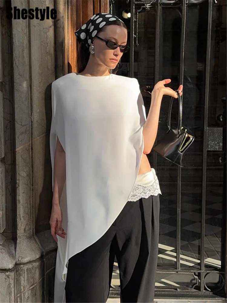 Shestyle Elegant White Pullover Blouse Women Irregular Solid Satin High End Design Crew Neck Shoulder Pads Zipper Fly Top Shirt