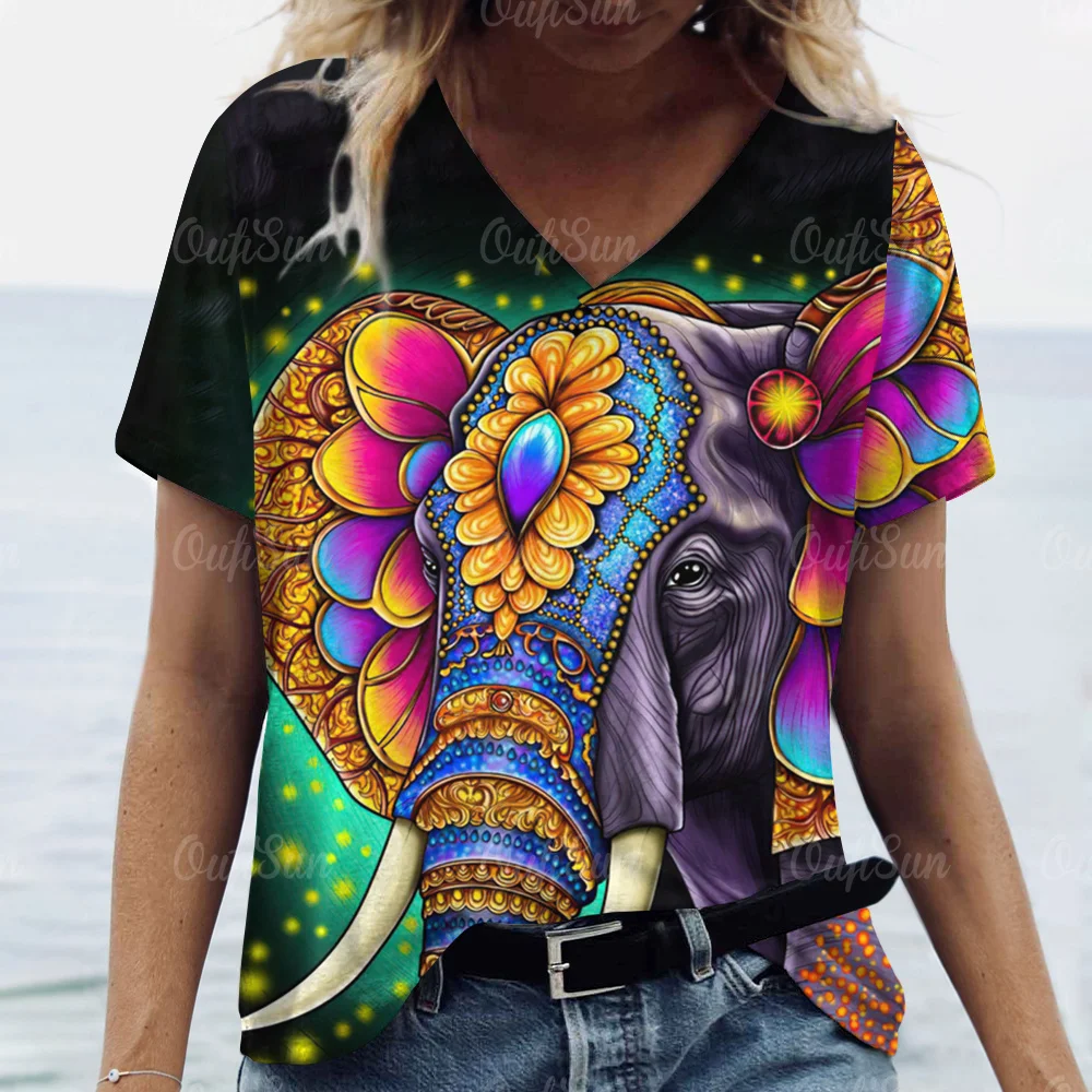 2024 Top Women Elephant Printed Women's T-Shirt Oversized T-Shirt Summer Women Clothing Animal V-neck T-shirts Female Fashion