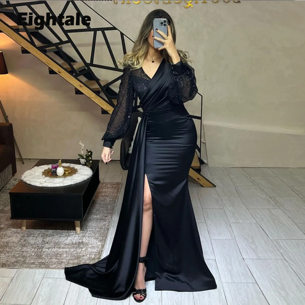 

Eightale Elegant Black Prom Dresses for Wedding Satin V-Neck Glitter Long Sleeve Evening Gowns Arabic Celebrity Party Dress