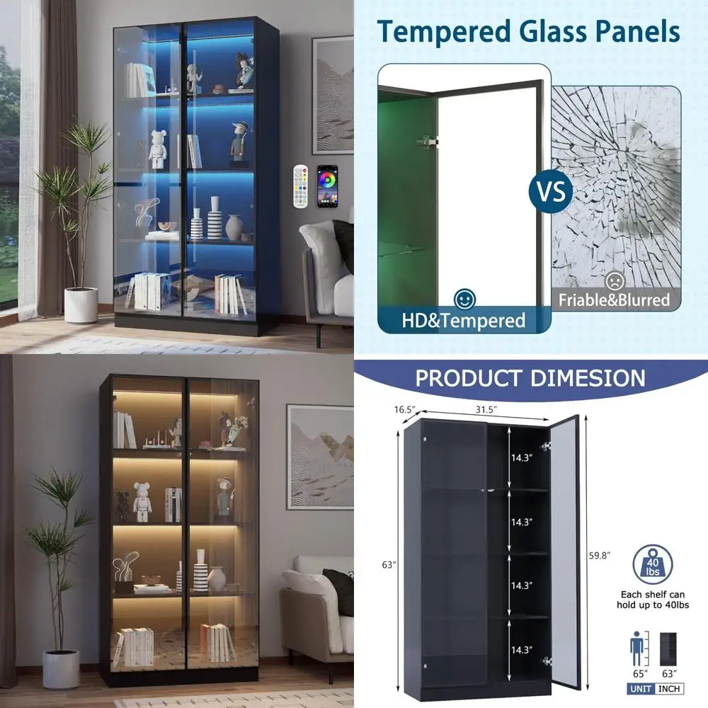 

Шкаф-витрина из стекла с подсветкой, четырехуровневыми стеллажами и двойными дверцами для хранения предметов коллекционирования