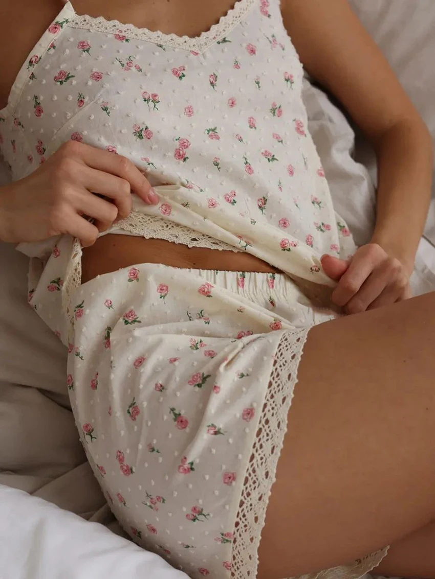 Marthaqiqi Printing Ladies Nightgowns Set Spaghetti Strap Pajamas Tank Top Nightie V-Neck Nightwear Shorts Cotton Sleepwear Suit