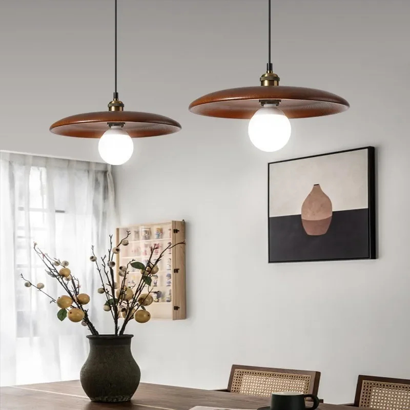 Nordic Solid Wood Pendant Lights Bedroom Bedside Dining Table Decoration Log Restaurant Tea Room Hat Hanging Lamp E27 Chandelier