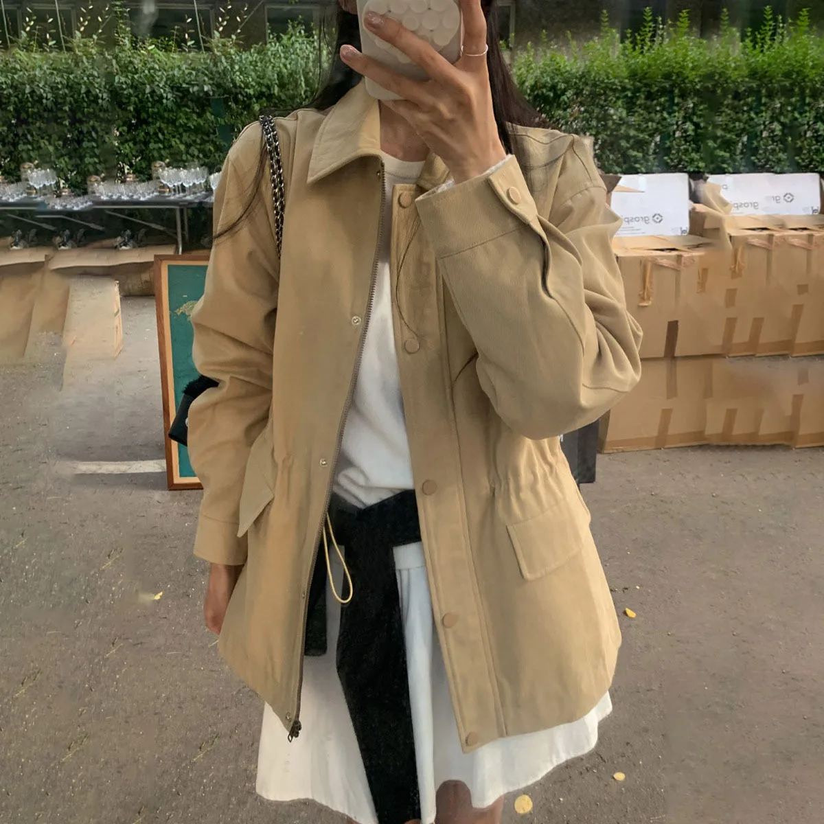 KWTX سترة نسائية غير رسمية بلون واحد معطف 2025 جديد ريترو سستة جيوب مربوط التلبيب أنيقة قسط الخريف الشتاء ملابس خارجية