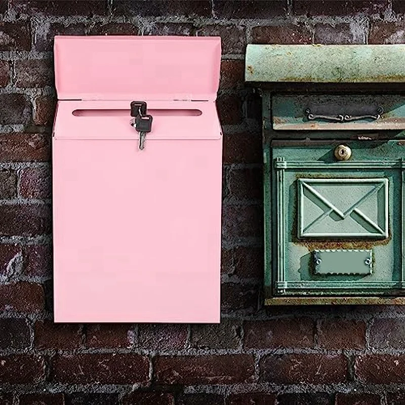 Wall-Mounted Mailbox Wall Collection Box Farmhouse Mailbox + Key Suitable For Home Office Pink