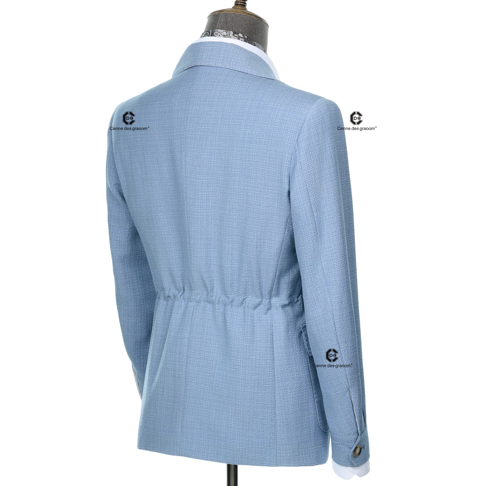 Cenne Des Graoom 2025 New Fashion Vintage Hunting Outfits for Men Sky Blue Safari Jackets with Multi Pockets Slim Fit Casual view 4