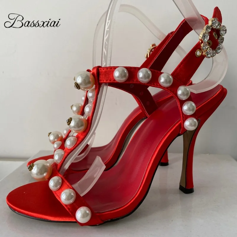 Pearl Bead Decor T-Strap Stiletto Heel Sandals for Women Luxury Satin Ankle Strappy Party Shoes 10cm Summer