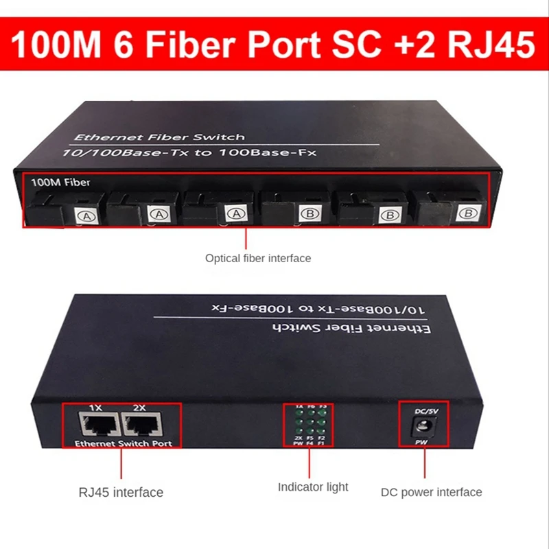 6Port 10/100M Ethernet Switch 6 Fiber Port 25KM 2UTP RJ45 Fiber Optical Transceiver Optical Media Converter