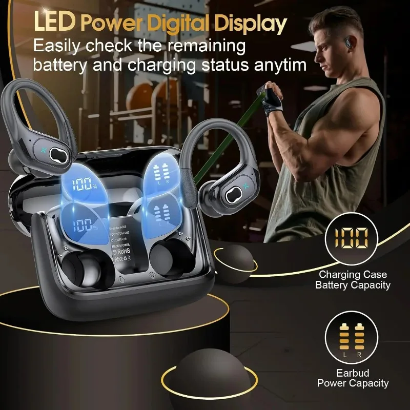 スポーツイヤホン Bluetooth 5.4 HIFI 低音ワイヤレスヘッドフォン LED タッチハンズフリーイヤホンノイズキャンセリング防水ヘッドセット新しい