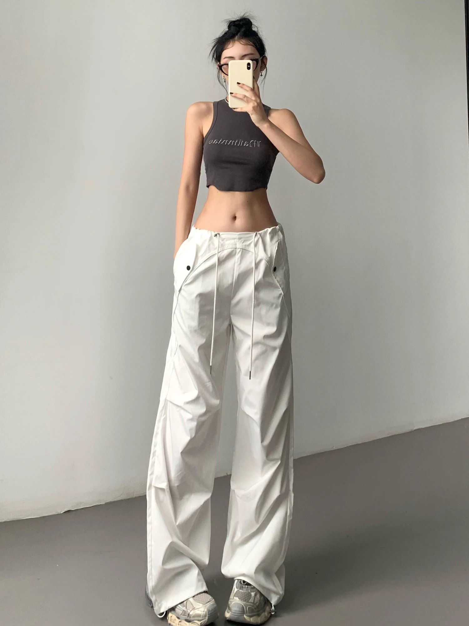 

American Sle Dstring Wide Leg Workwear Pants High Street White Women's Casual Trousers Spring Autumn Season Cotton Material