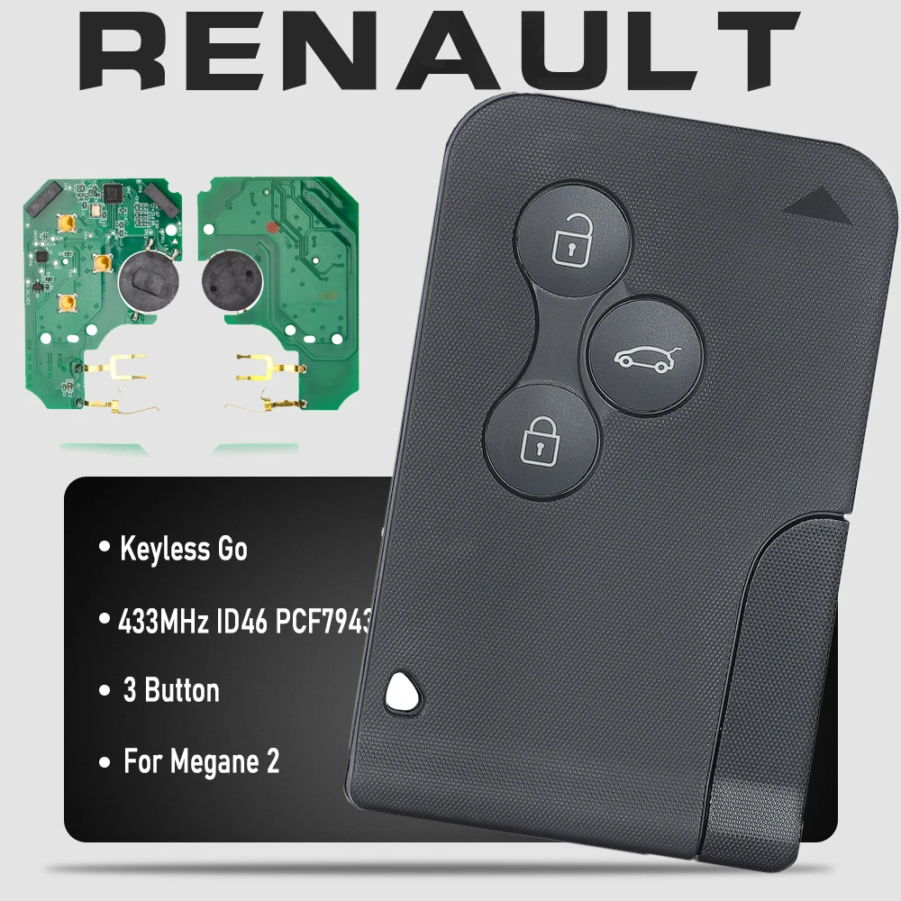 

KEYECU Keyless Go Hands Free 433 МГц ID46 PCF7943 Карта ключа для Renault Megane 2 Scenic 2 Clio 2 Car Smart 3 кнопки FOB BCM