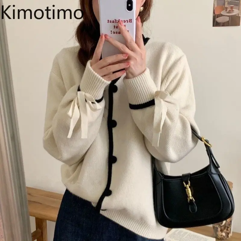 

Kimotimo Knitted Cardigan Women V Neck Lace Up Lantern Sleeve Sweater Autumn Winter Gentle Contrast Color Casual Knitwear Tops