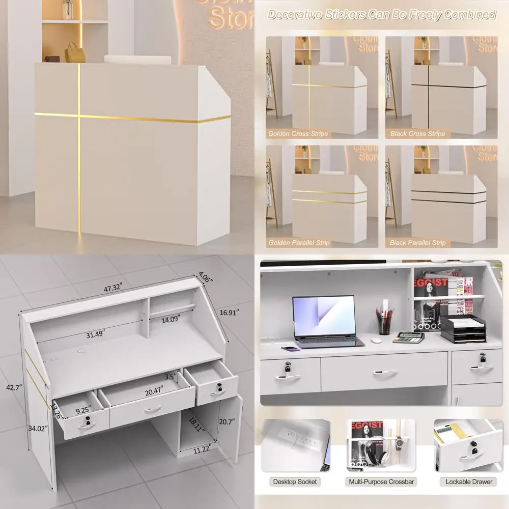 Modern Reception Desk with Counter, Lockers, and Storage Shelves, 48-inch DIY Checkout Counter