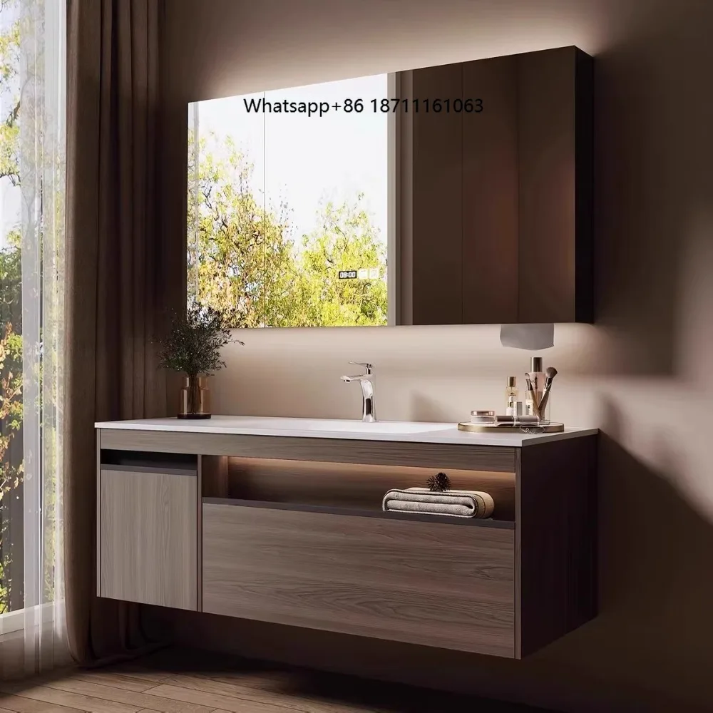 Mid-Century Style Bathroom Vanity, Honeycomb Aluminum Sink Cabinet with Custom Hot-Bent Integrated Stone