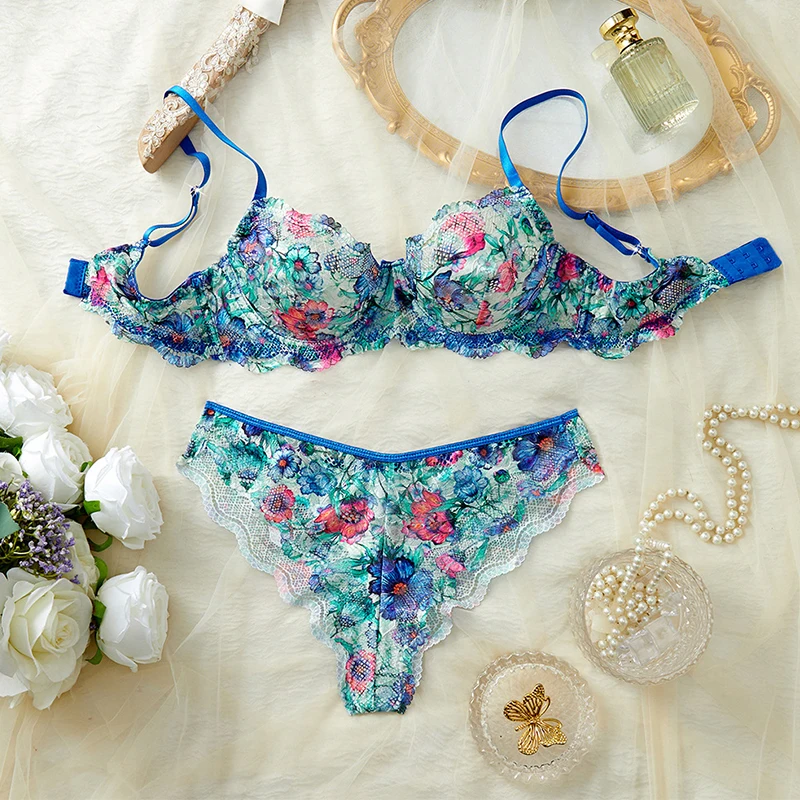 جنسي الملابس الداخلية الأزهار الدانتيل مجموعة الملابس الداخلية رومانسية المرأة الملابس الداخلية رقيقة جدا حمالة صدر ولباس داخلي مجموعة 2 قطعة الملابس الداخلية المثيرة جذابة