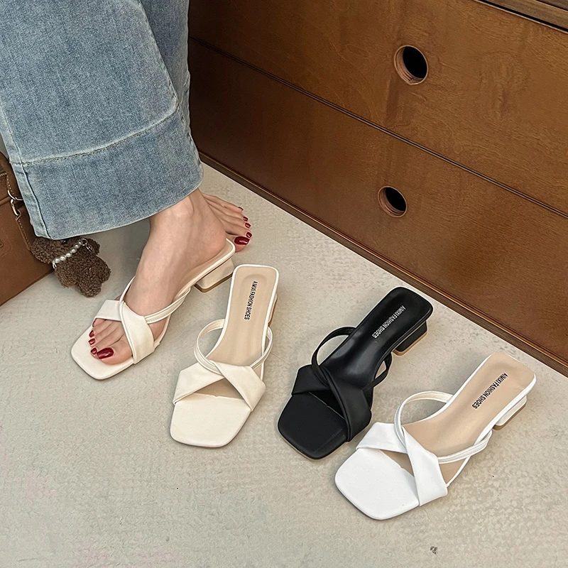 

New Style Popular Women's Summer Fashion Open Toe Low Heels Woman Slippers Elegant Beach Party Dress Shoes Zapatos De Mujer