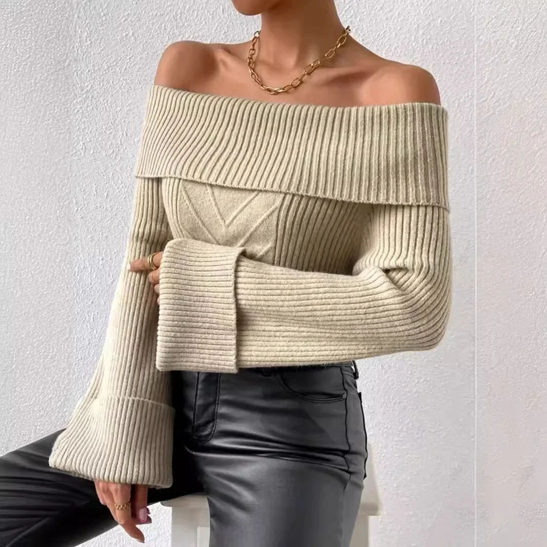 

Elegant Solid Basic Knitted Sweater Women Autumn New Slash Neck Sexy Slim Chic Long Sleeve Pullover Tops Sweet Vintage Jumper