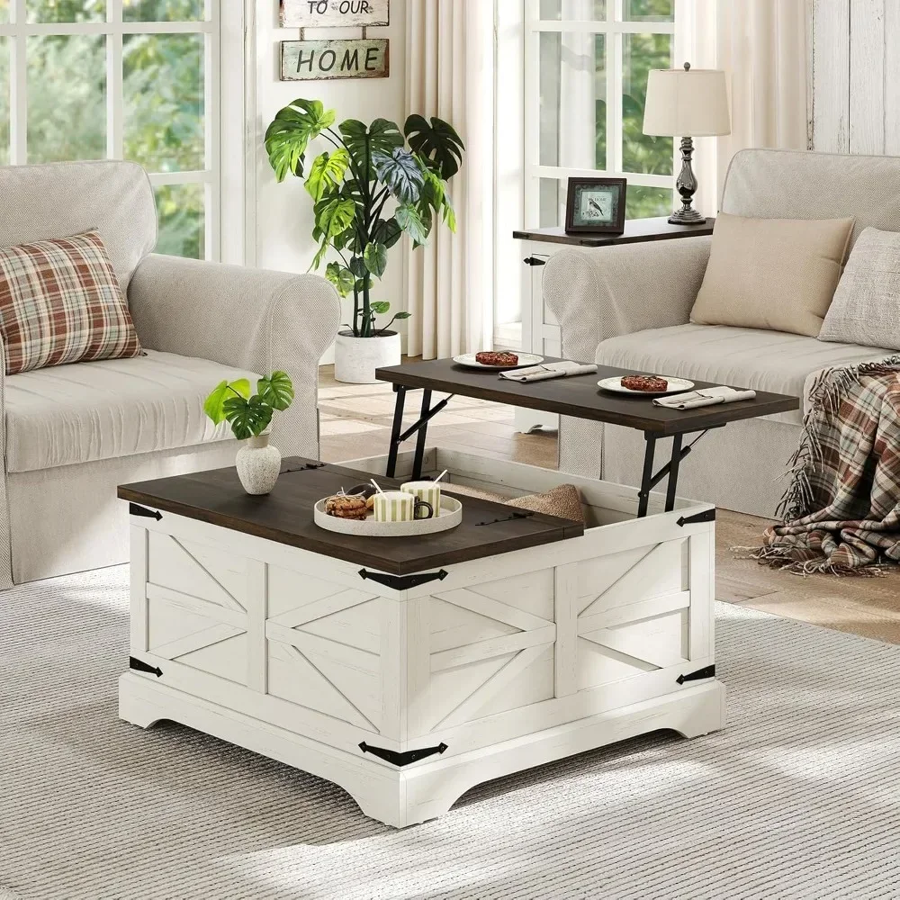 Table centrale carrée en bois avec grand compartiment de rangement GNE, table moderne blanche pour cocktail rustique avec plateau élévateur articulé