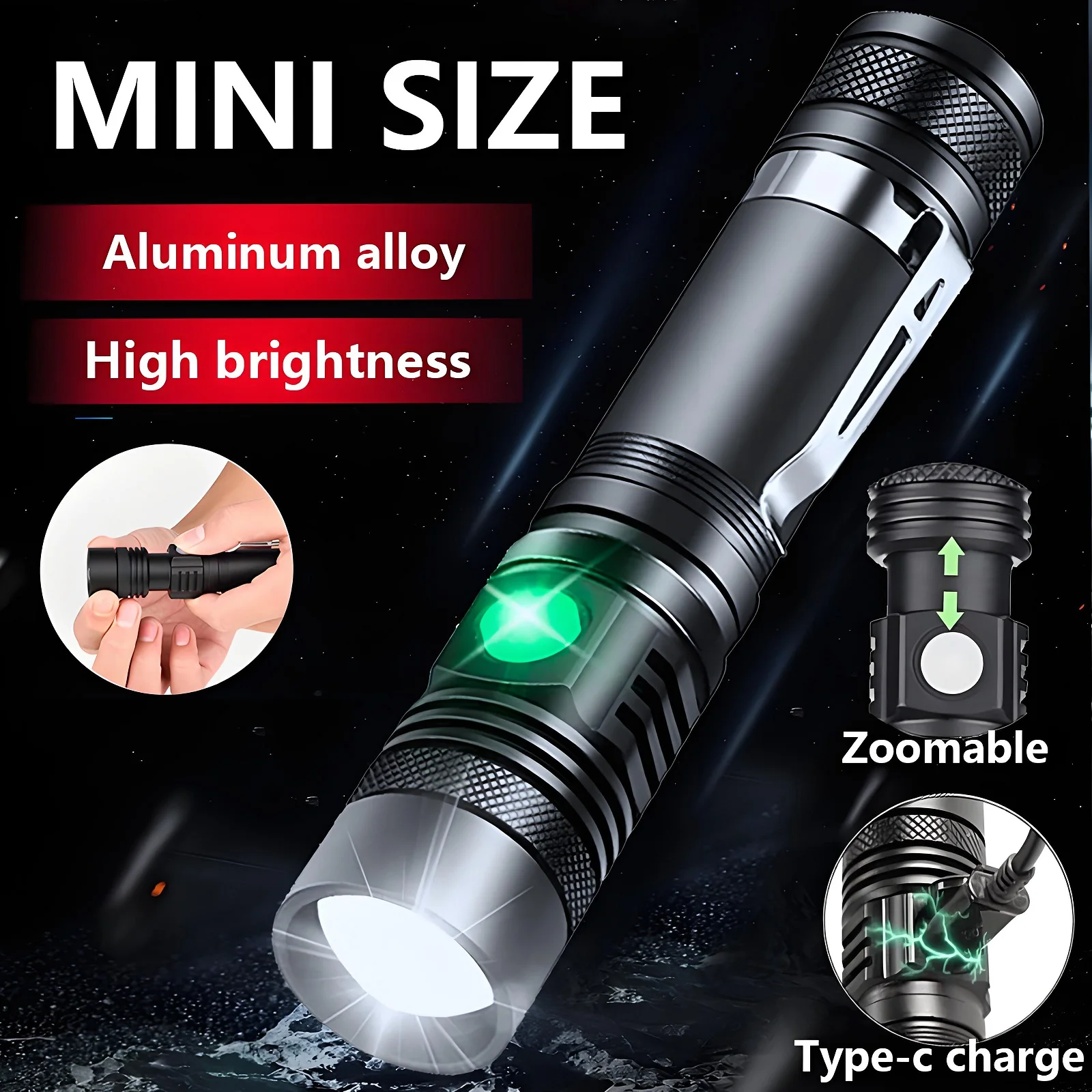 AODTOSIP Mini Rechargeable USB Super Bright LED Flashlight with Clip for Patrol Camping Hiking