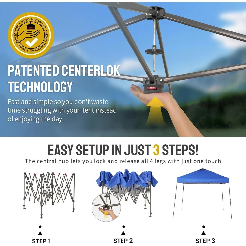 مظلة منبثقة - خيمة شاطئ قاعدة مقاس 11 × 11 مع إعداد دفع واحد - خيمة منبثقة للمناسبات والحفلات والتخييم - شرفة مع حقيبة بعجلات