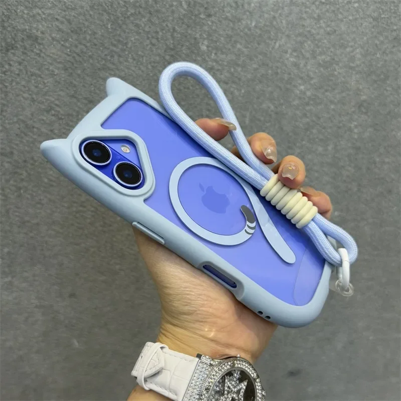 Cartoon Cat Ear for Magsafe Wrist Strap Case for iPhone 16 15 17 Pro Max Air 14 Plus 13 12 11 Lanyard Magnetic Transparent Cover