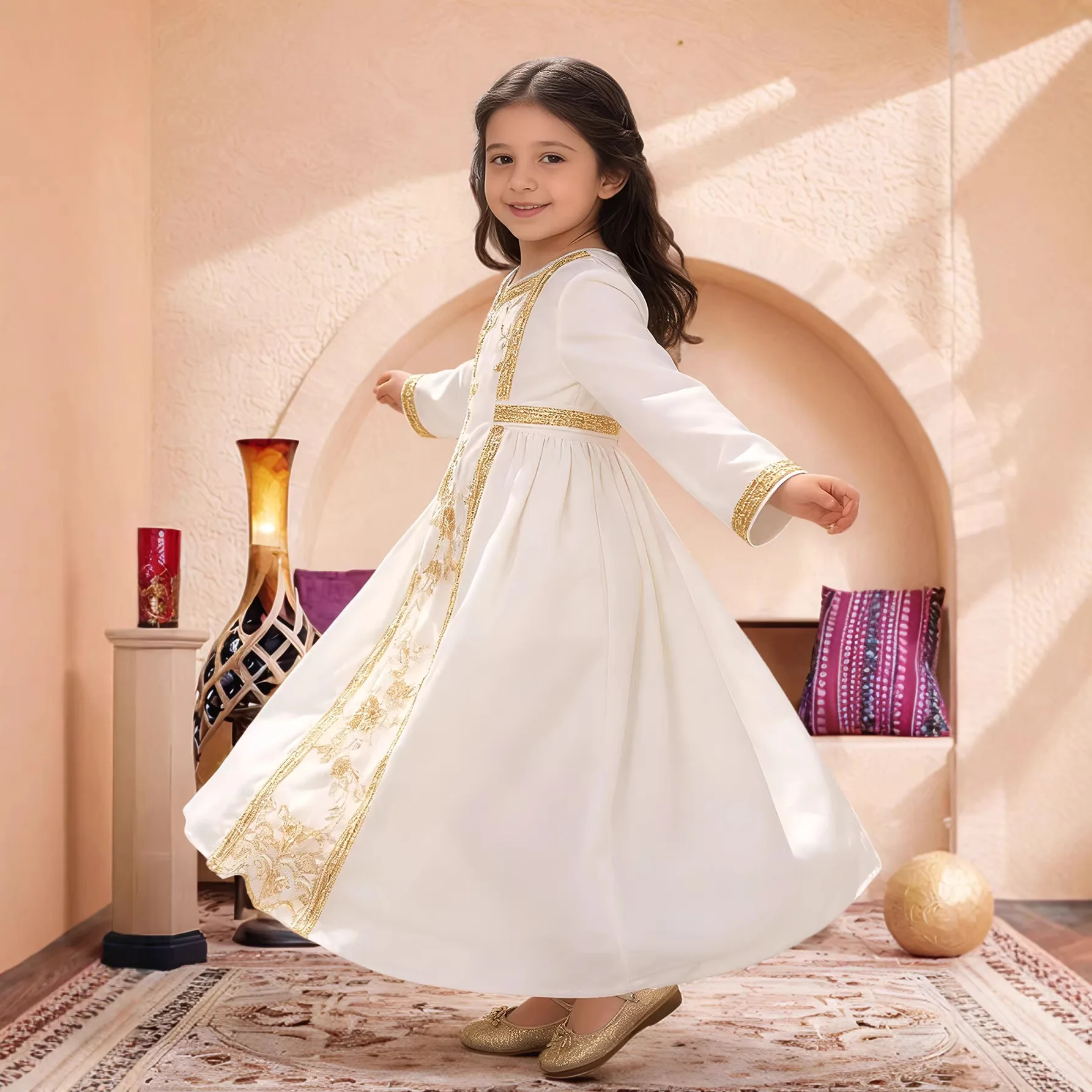 Dress Abaya Eid Children Girls Party Dresses Embroidery Jalabiya Vestidos Sashes Muslim Kids Dubai Kaftan Arab Long Robe Morocco