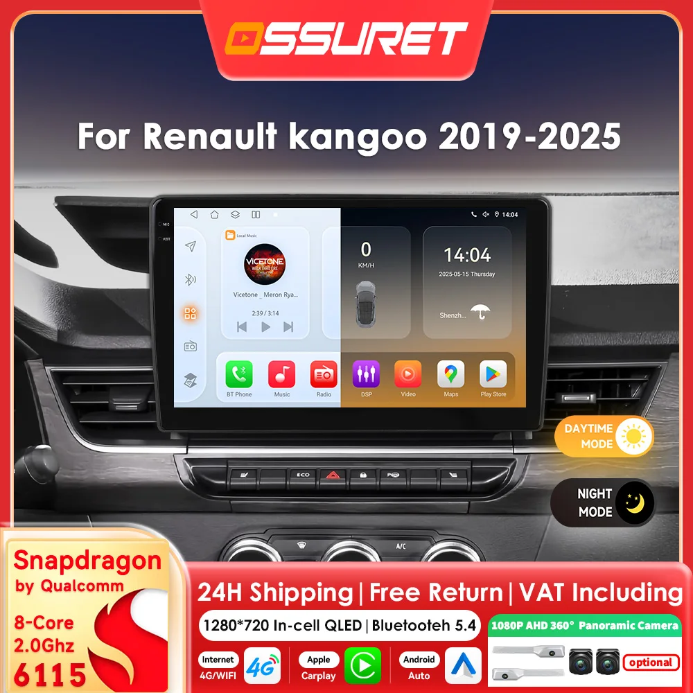 10,1 Zoll 6115 Carplay Android 14 Autoradio für Renault Kangoo 2019–2025 Multimedia von Snapdragon 8Core GPS Stereo 360 Cam Bildschirm