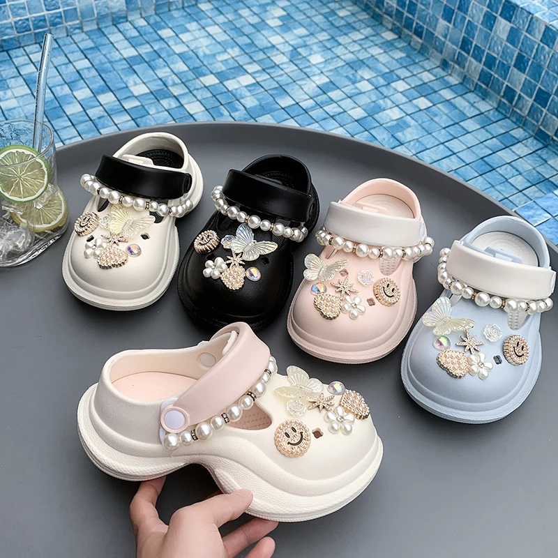 

2025 New Pearl Chain Butterfly Decorated Girls Sandals Summer Outdoor Fashion Anti-slip Increase One Pedal Baotou Sandals