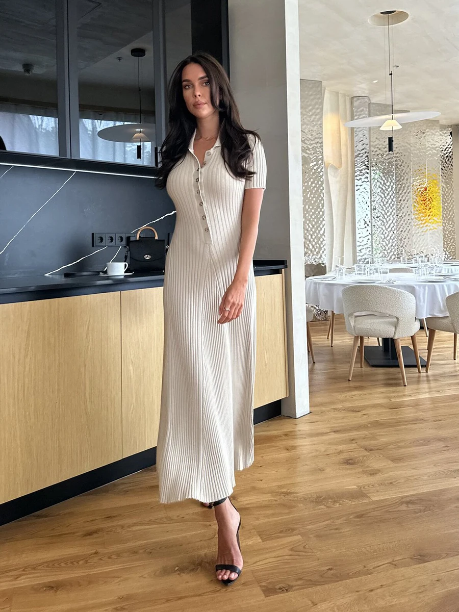 

Однотонное контрастное тонкое трикотажное платье, женские платья-трапеции с отложным воротником, на пуговицах, с коротким рукавом, элегантные модные длинные платья для женщин