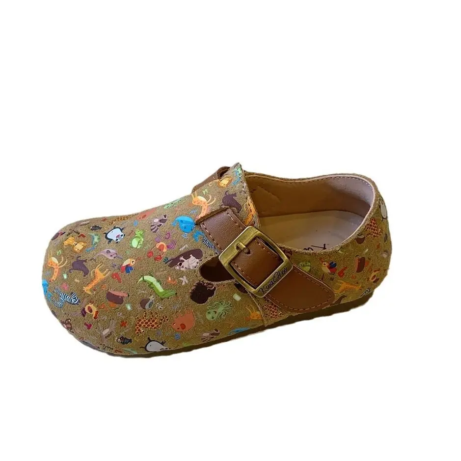 Zapatos planos informales de piel esmerilada para niños y niñas, zapatillas Boken con dibujos animados, punta redonda, suela suave, 2024