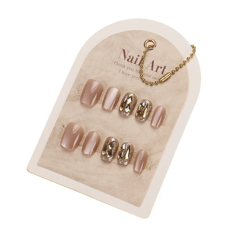 

Wearing nail pads Handmade spar cat's eye champagne broken diamond short nail patch removable