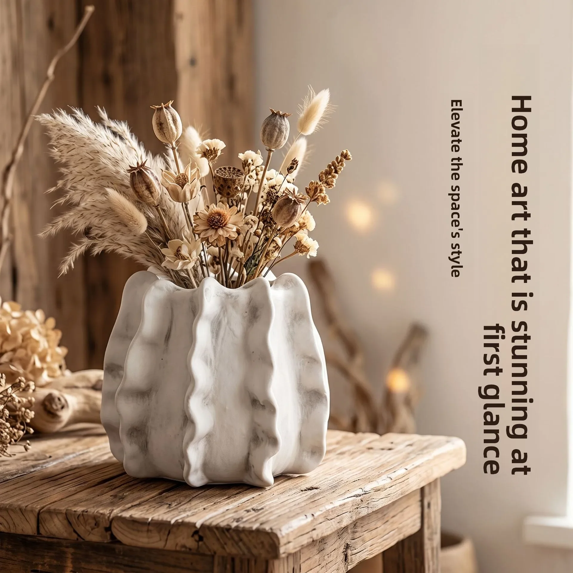 Ceramic Ruffled Vase Utensil Holder Dried Flower Storage Jar Kitchen Spatula Spoon Organizer Rustic Tabletop Home Decor Gift