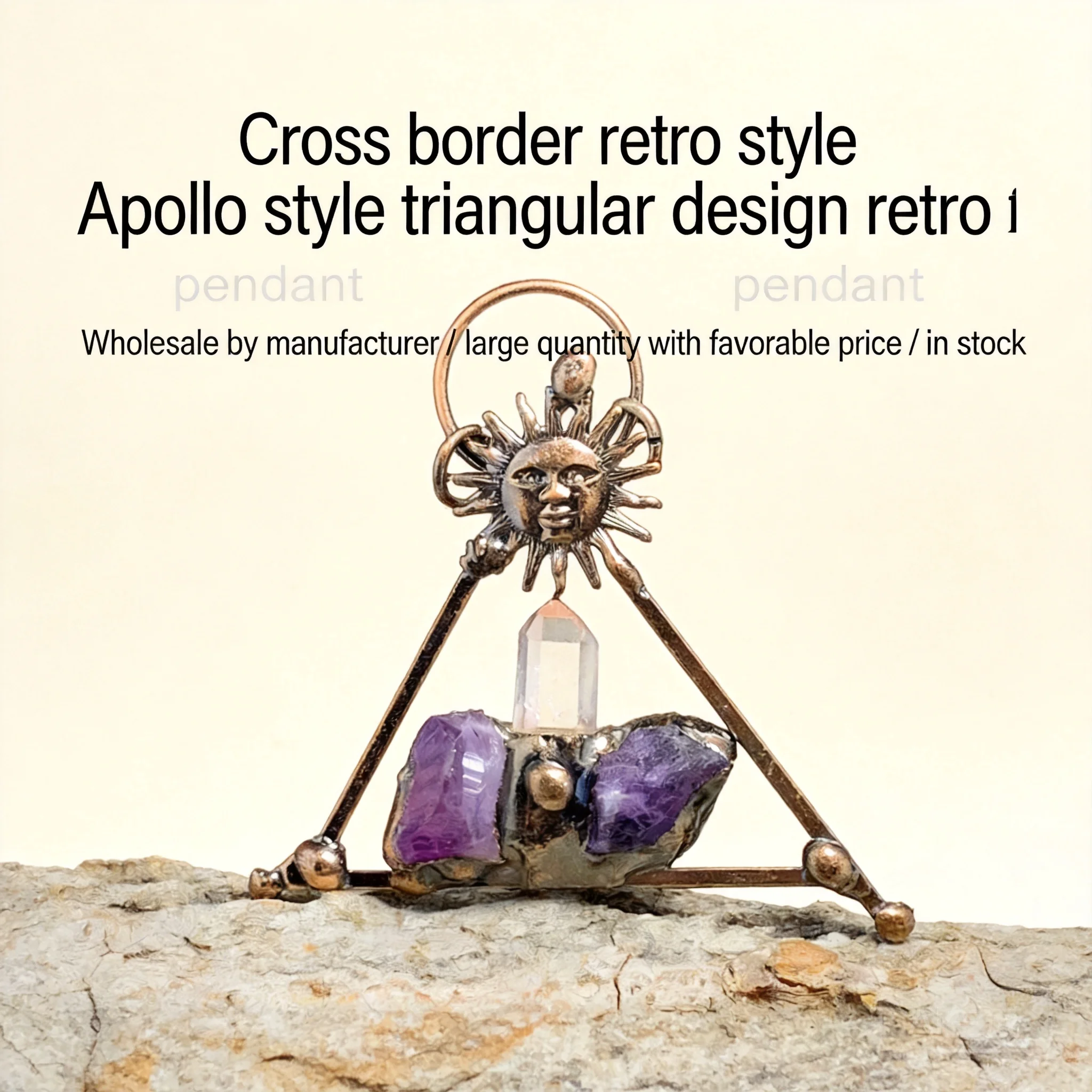 Vintage Antique Bronze Sun God Triangle Pendant Natural Raw Amethyst Clear Quartz Point Lucky Necklace For Women Men Spiritual