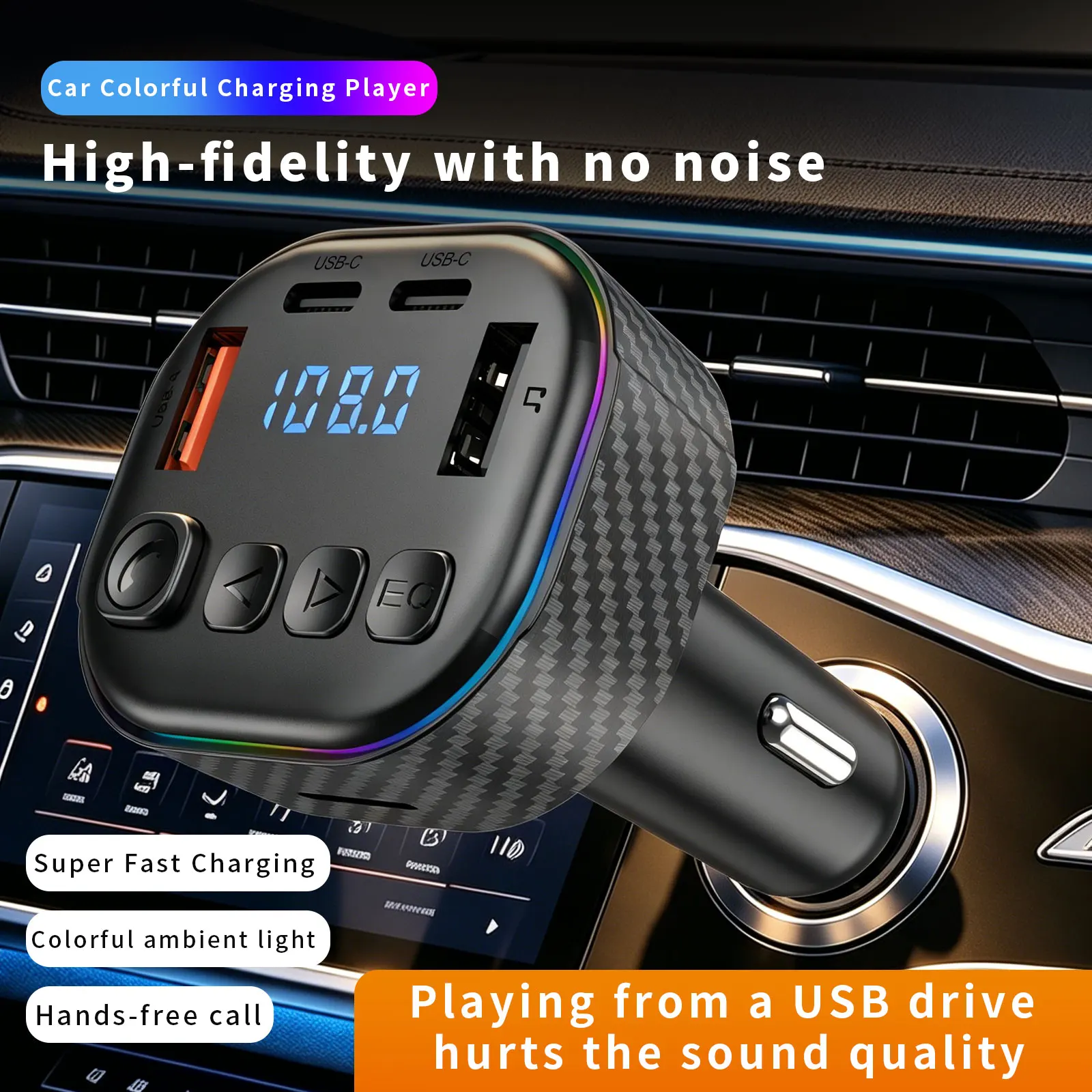 Bluetooth V6.0 Car FM Transmitter MP3 Player supports Bluetooth hands-free calling, dual TYPE-C ports, 5V3A output, car phone charger suitable for 12~24V vehicles