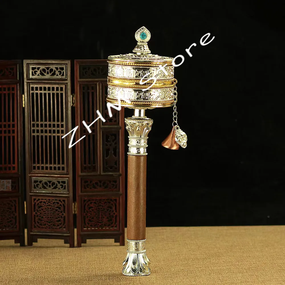 30cm Double Layers Tibetan Alloy Copper Six Words Scriptures Carving Hand Cranking Swept Bad Things Buddhist Prayer Wheel