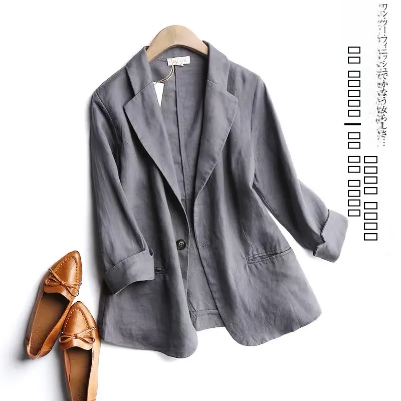 

Cotton Linen Small Suit Jaet Women's Spring Loose Versatile Slimming One Button Seven Sve Linen Top Pure Color