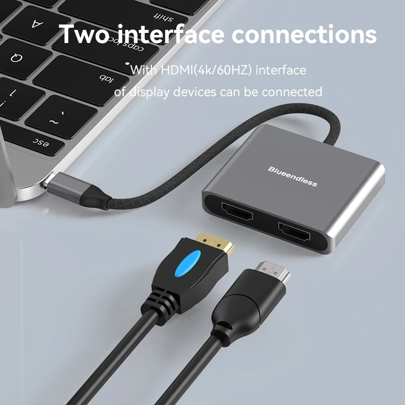 Blueendless new model aluminum 2 in 1 usb type c hub usb c hub 4k 60hz usb type c hub 2 hdtv TYPE C HUB interface