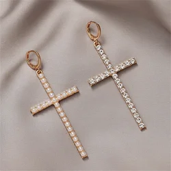 Minimalist Asymmetrical Cross Drop Earrings For Women Girls Rhinestone Imitation Pearl Cross Dangle Earring Party Jewelry Gifts