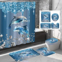 4-piece set of shiny dolphin waterproof printed shower curtains with 12 hooks and bathroom floor mats