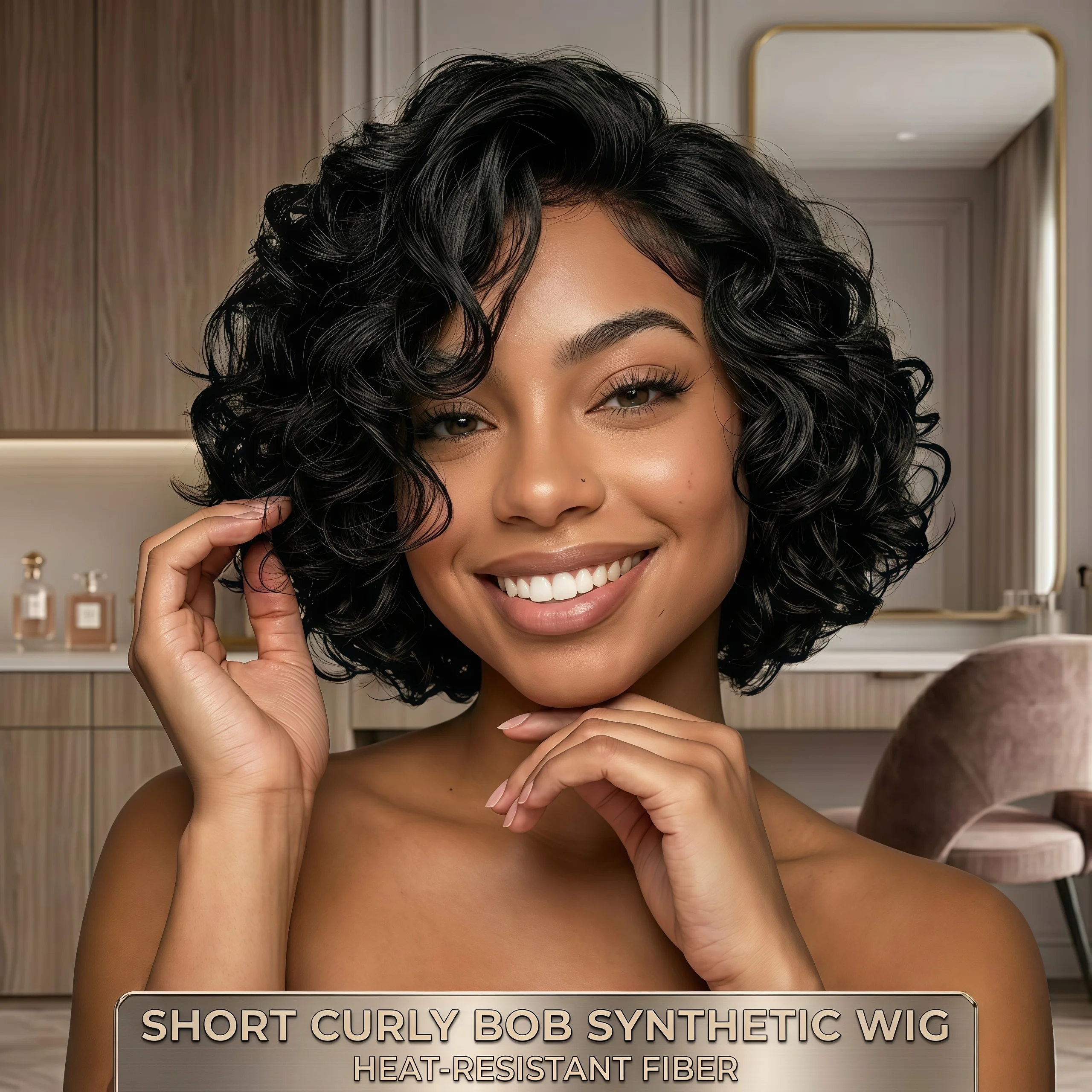 Heat-resistant synthetic short wig with high gloss, curly bohemian short hair, suitable for daily wear and role-playing