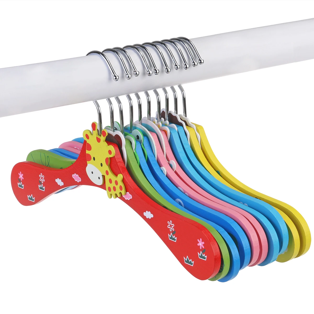 

10pcs Children Light Weight Wooden Cartoon Clothes Racks Chrome Hook Baby Clothing Wooden Hangers Storage