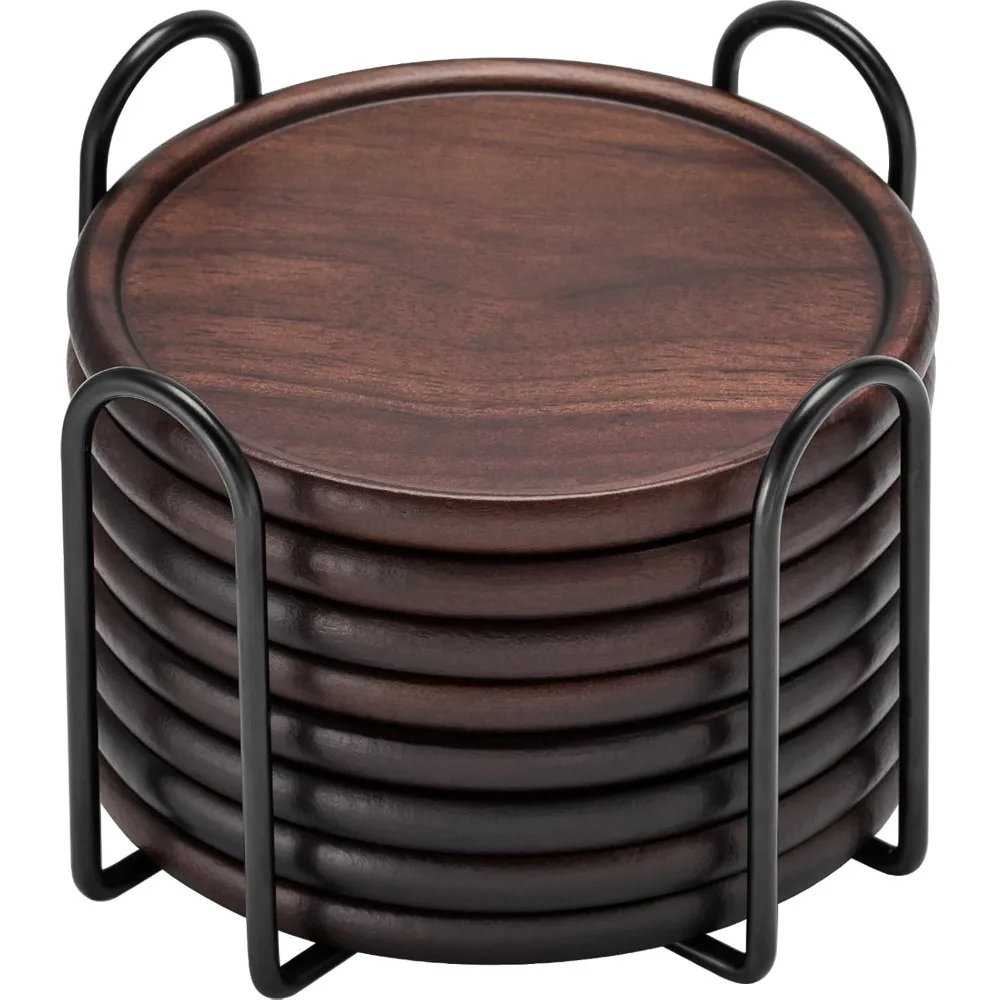 

Деревянные подставки с металлическим держателем, набор из 8 деревянных подставок из орехового дерева, настольная защита для напитков, журнальный столик, домашняя кухня, офис