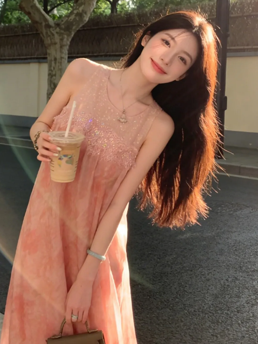 

Beachy Sparkling Rhinestone Mesh Splice Fading Halter Dress Beautiful Unique Summer 2026 High Waist Polyester Fiber Gown