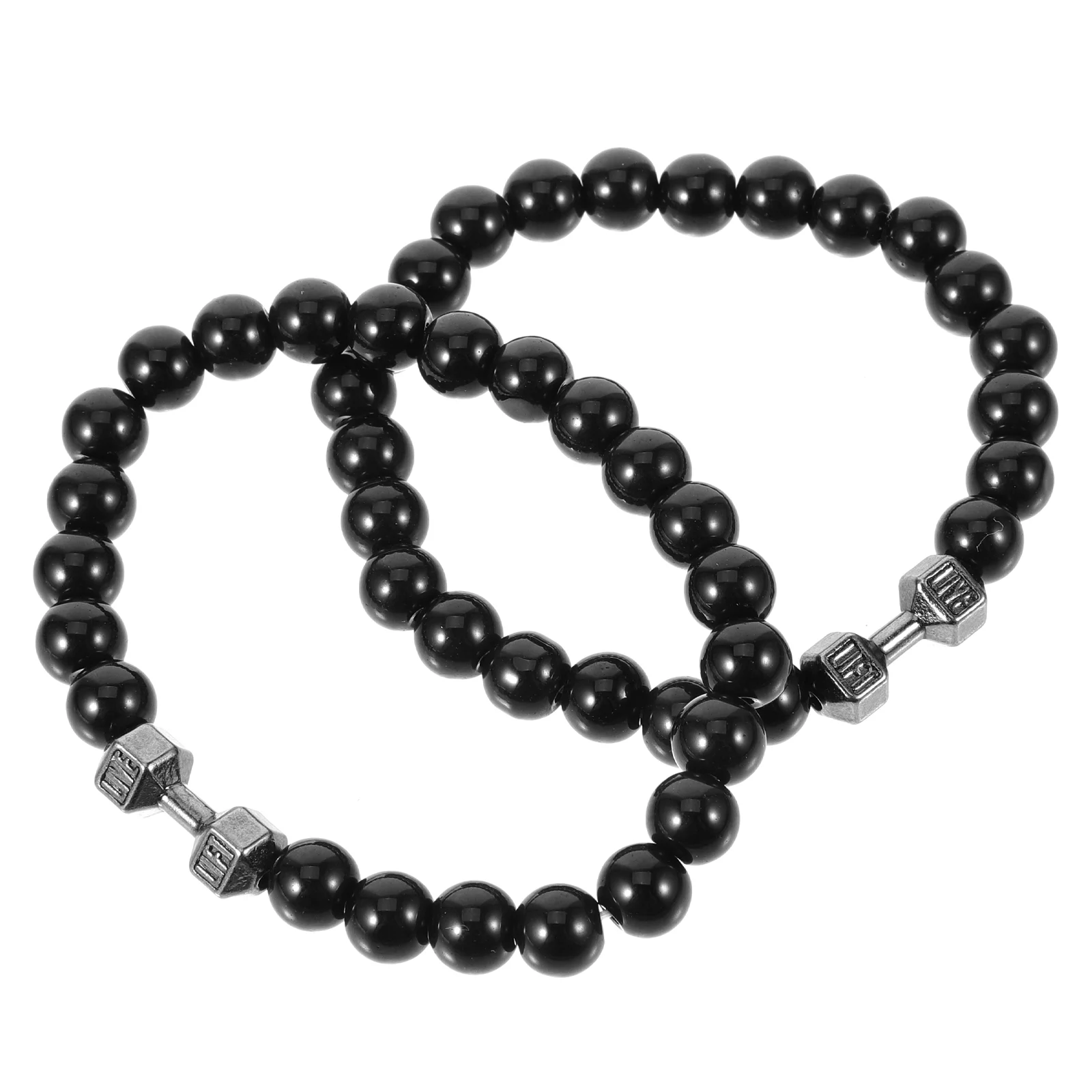 2 Pcs Dumbbell Hand Beaded Bracelets Pieces 1 Set (bright Black) for Men