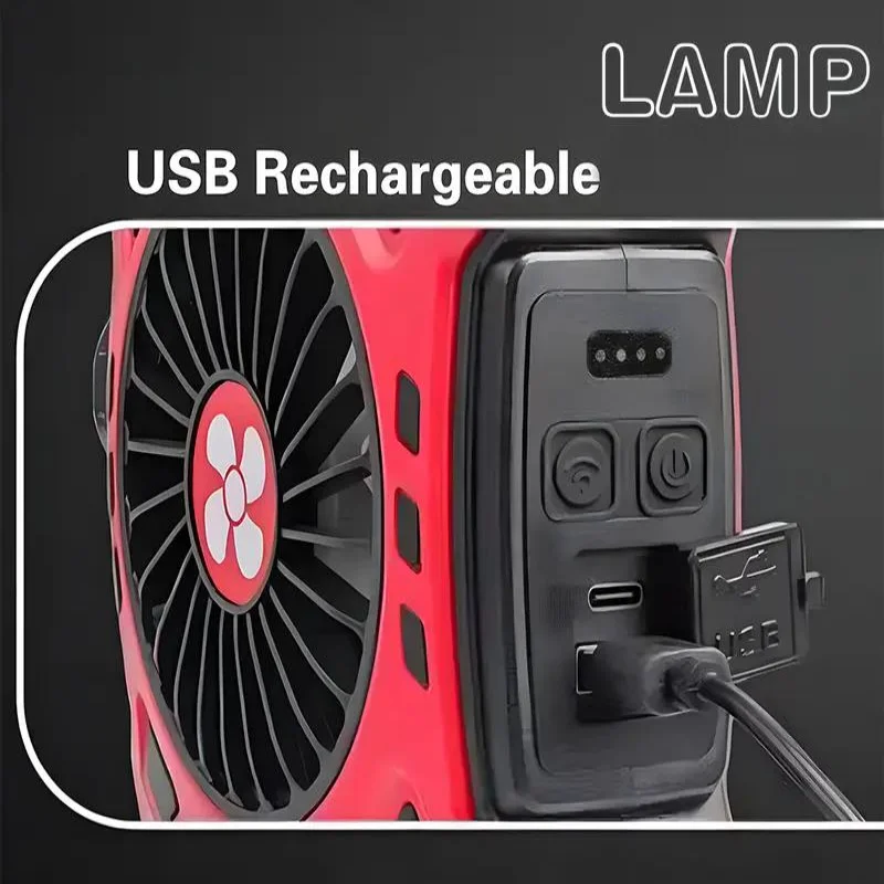 [مروحة تخييم LED محمولة 2 في 1] مصباح مروحة تخييم LED محمول، قابل لإعادة الشحن عبر USB، مصباح بمقبض خارجي للمكتب والحفلات وال Fi